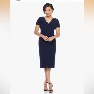 Maggy London Dream Crepe sheath Navy Blue Scalloped Midi Dress size 14